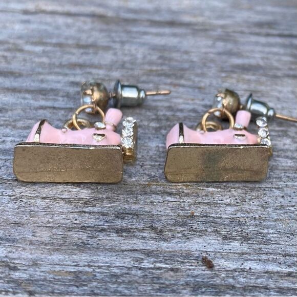 Vintage Pink Enamel Sewing Machine Stud Earrings with Rhinestone Post. EUC - Picture 3 of 4